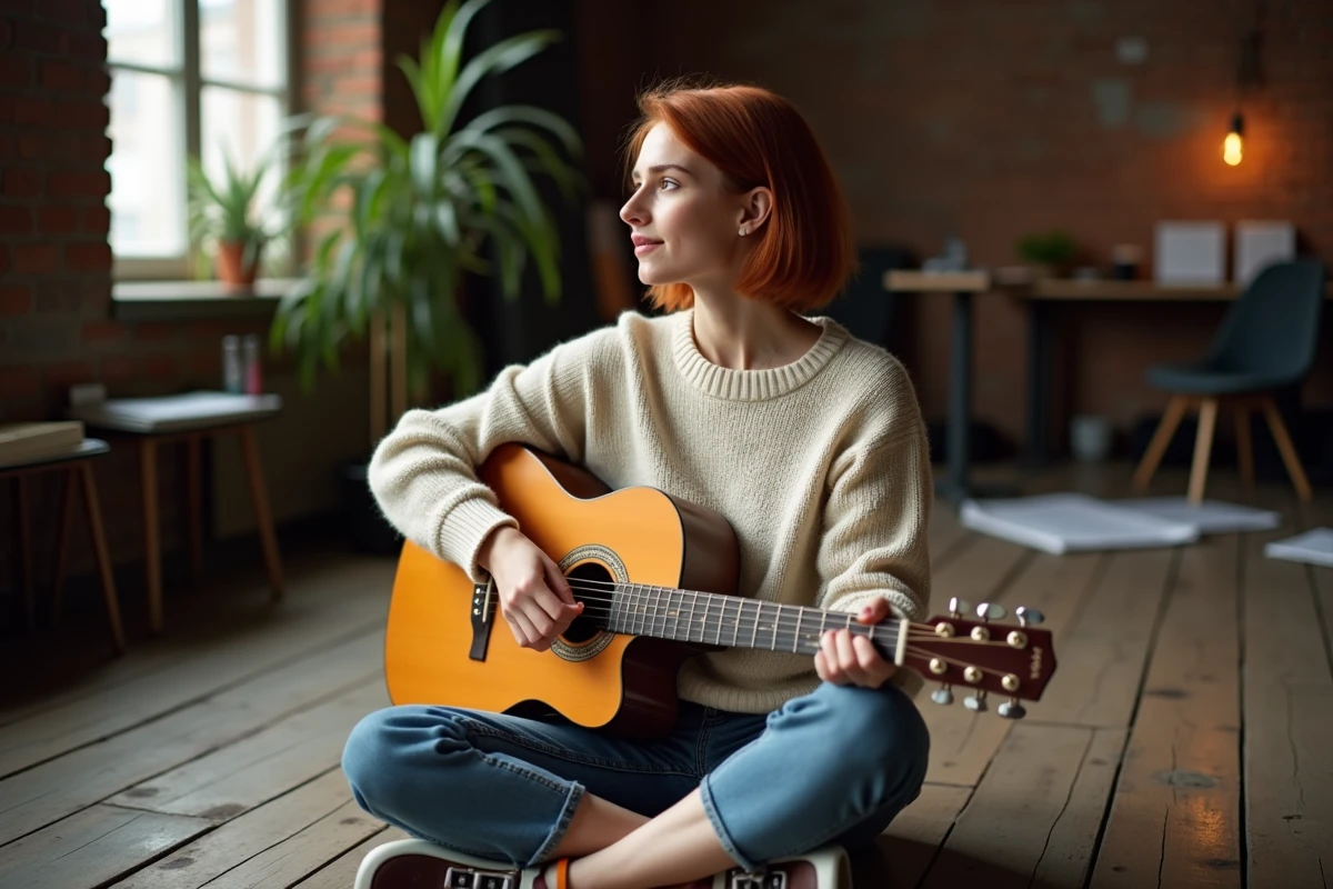 Chanteuse canadienne en session d'enregistrement tenant une guitare acoustique dans un studio rustique