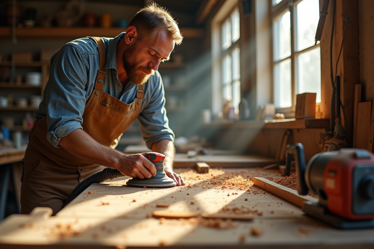 Charpentier au travail dans un atelier ensoleille avec sciage