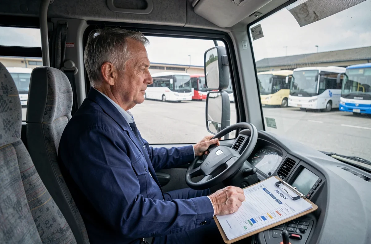 Chauffeur de bus consultant son planning de lignes dans un dépôt de Sarreguemines