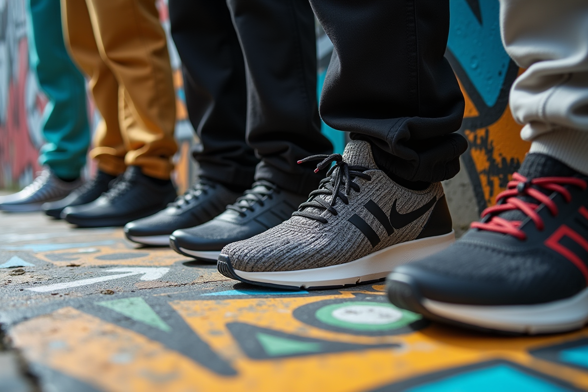 Détails de sneakers et vêtements streetwear sur le sol
