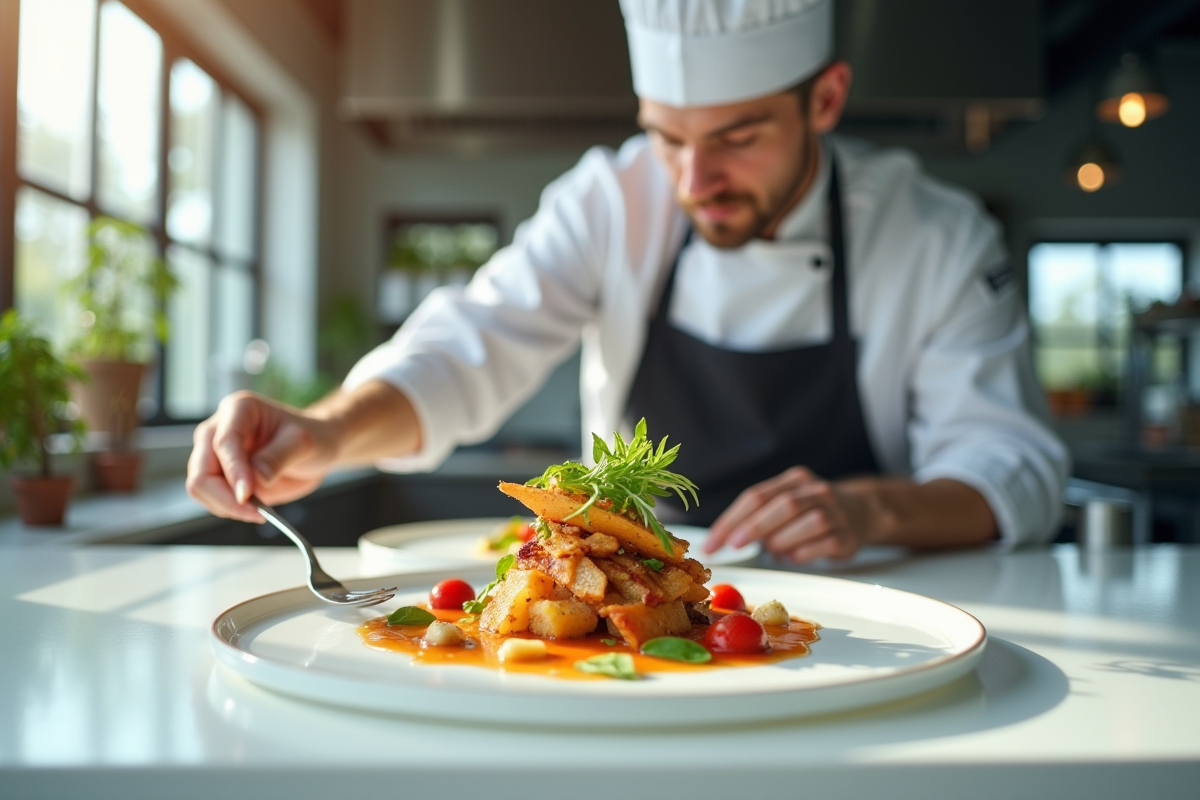 Chef en cuisine professionnelle dressant un plat artistique