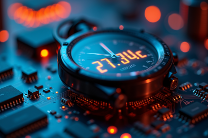 Zoom sur un chronomètre numérique moderne sur un circuit imprimé symbolisant la vitesse