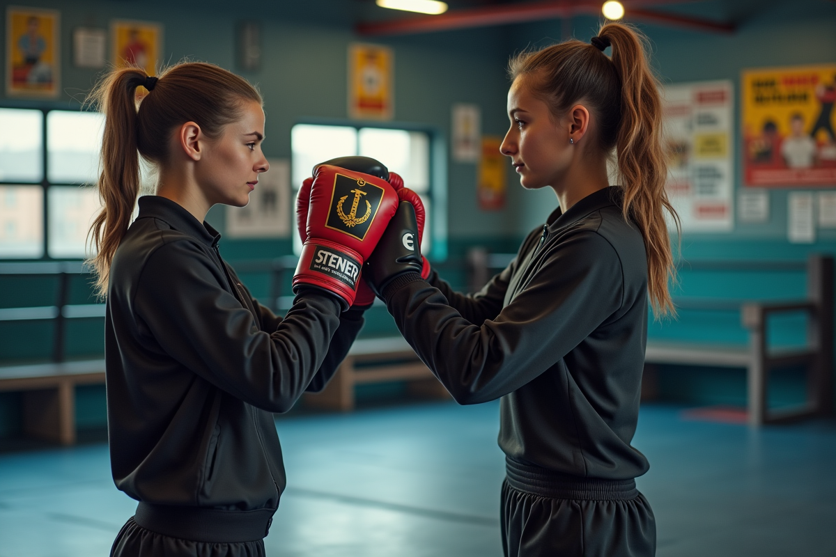 Entraineuse de boxe montrant la position des gants