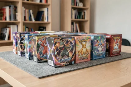Coffrets Pokémon EV10.5 scellés alignés sur une table de collectionneur, boîtes illustrées avec dorures holographiques