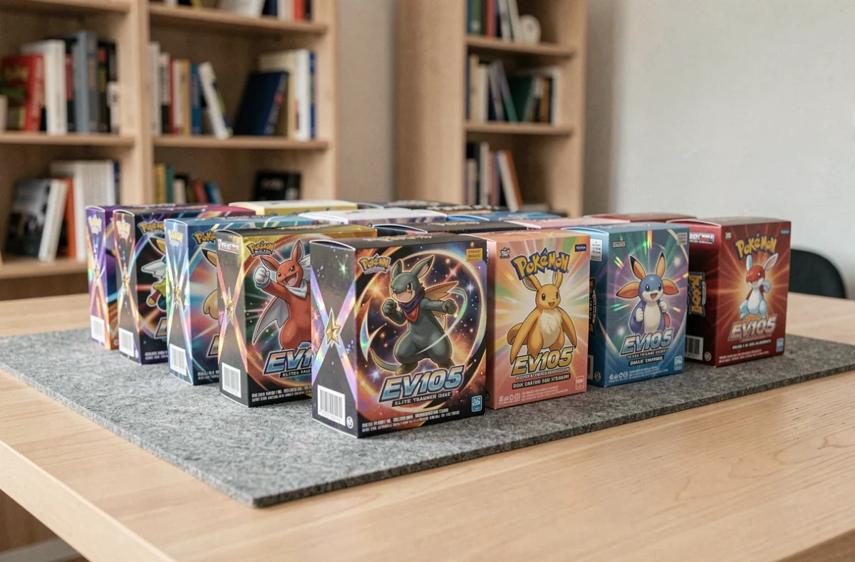 Coffrets Pokémon EV10.5 scellés alignés sur une table de collectionneur, boîtes illustrées avec dorures holographiques
