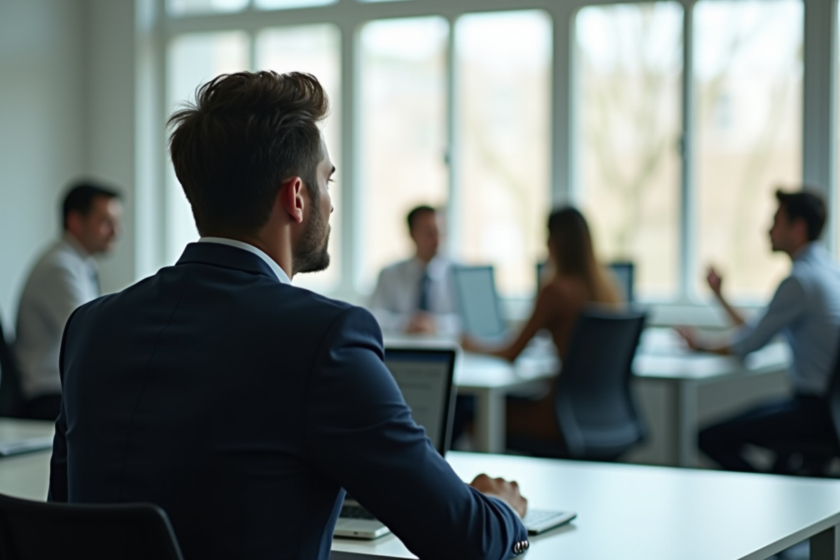 Professionnel pensif au bureau avec collègues en arrière-plan
