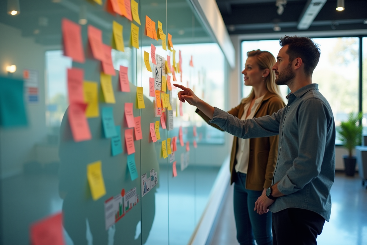 Collègues discutant devant un tableau de notes colorées