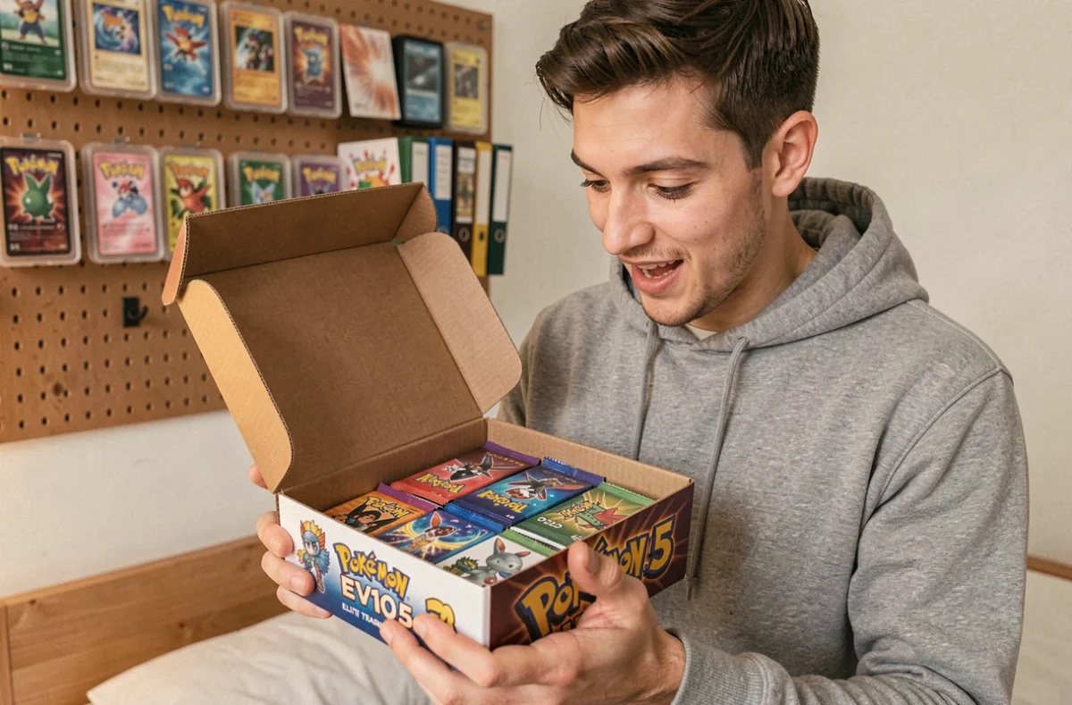 Jeune collectionneur tenant un coffret Pokémon EV10.5 ouvert avec des boosters holographiques à l'intérieur