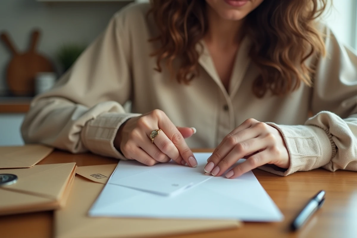 Jeune femme collant un timbre dans le coin supérieur droit d'une enveloppe blanche sur une table en bois
