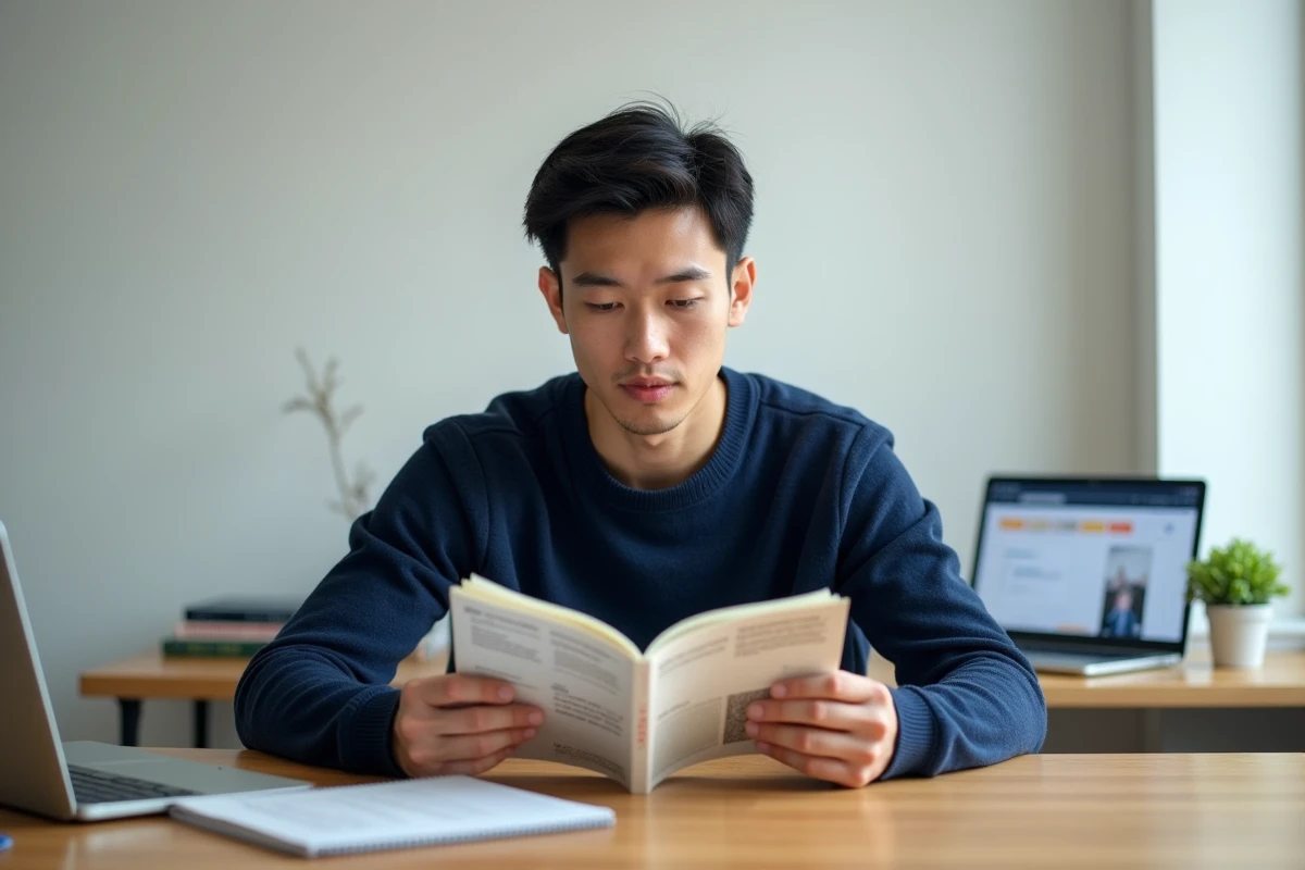 Jeune homme comparant une version française et une version originale d'un manga yaoi côte à côte sur un bureau
