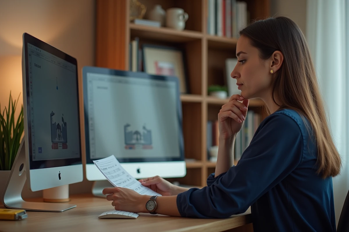 Femme comparant deux moniteurs PC de tailles différentes sur un bureau à domicile pour choisir la bonne taille d'écran
