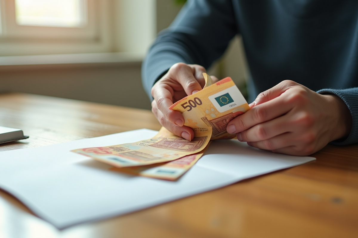 Mains comptant des billets d'euros sur une table en bois
