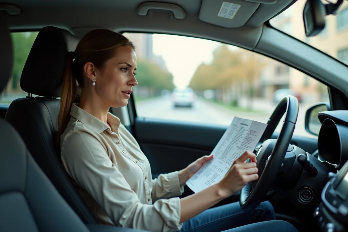 Femme au volant lisant une amende de contravention avec une expression préoccupée dans son véhicule