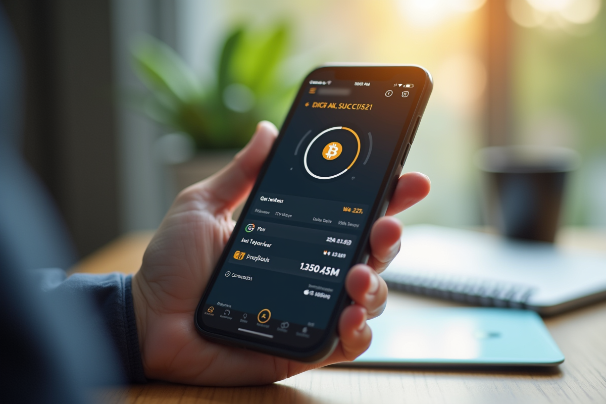 Main tenant un smartphone avec confirmation Bitcoin