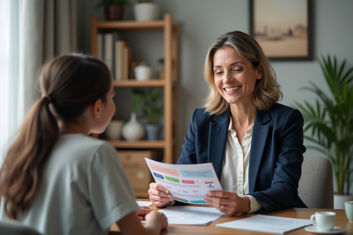 Conseillère en assurance montrant une brochure santé