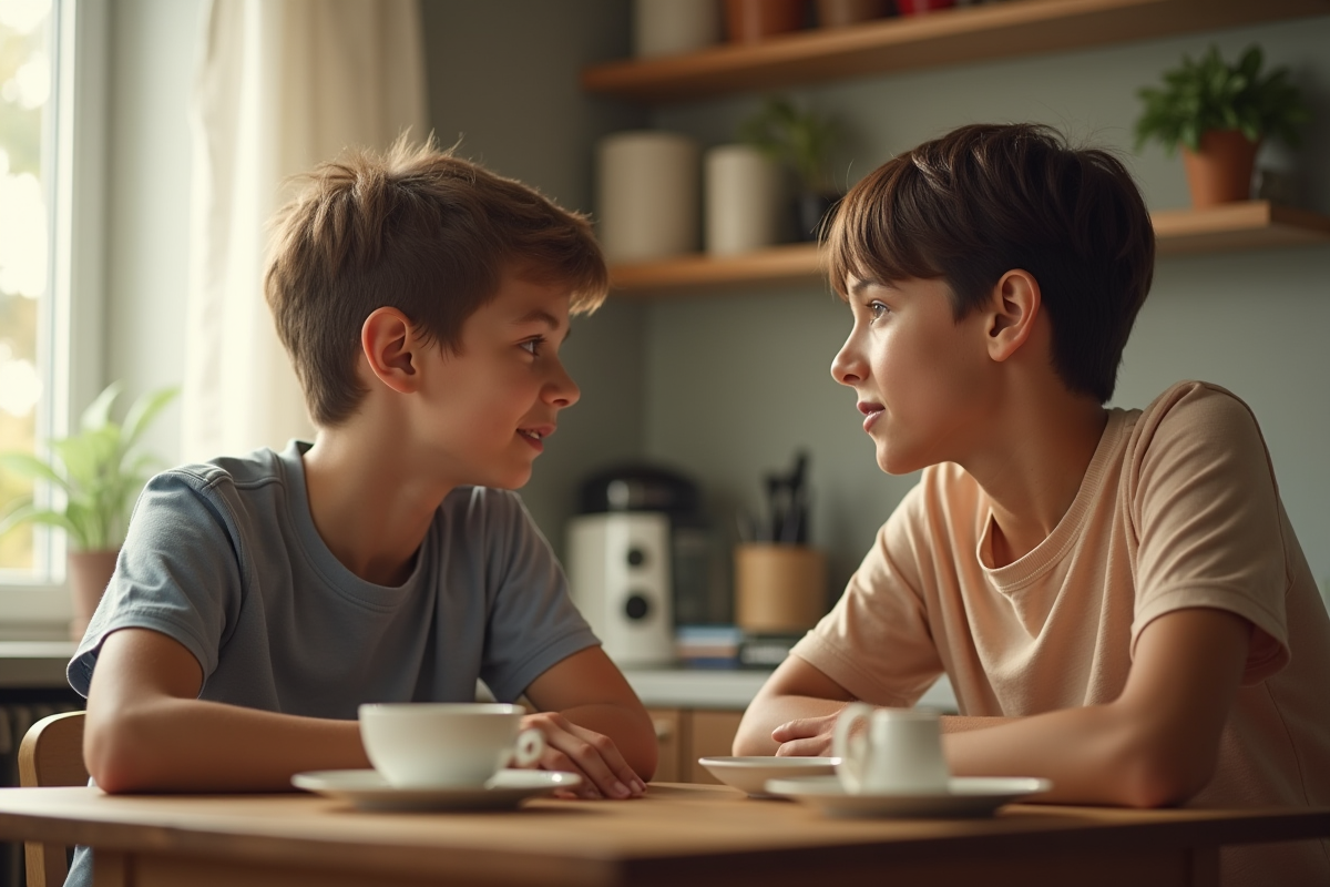 Conversation calme entre adolescent et parent à la cuisine