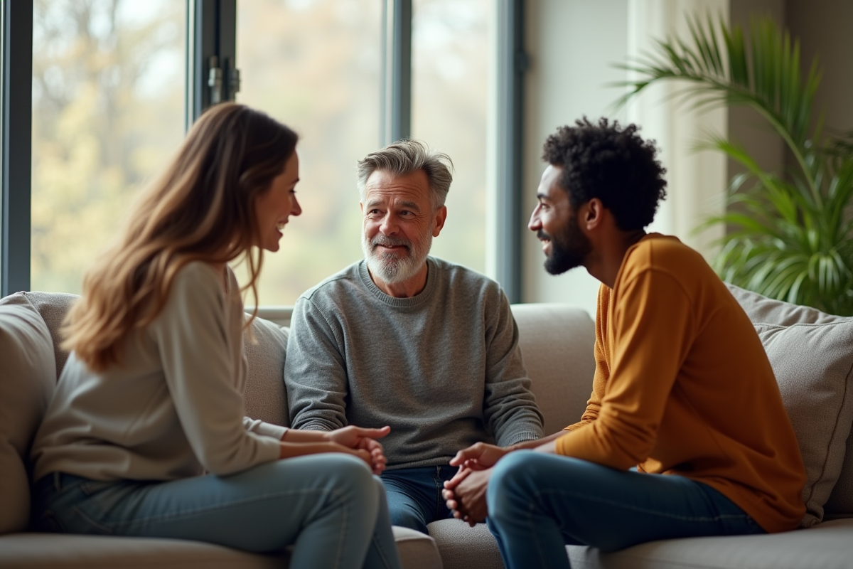 Trois adultes en discussion dans un salon lumineux