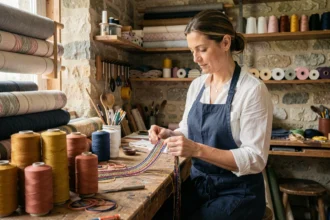 Artisane française fabriquant à la main un cordon téléphone portable personnalisé dans un atelier traditionnel