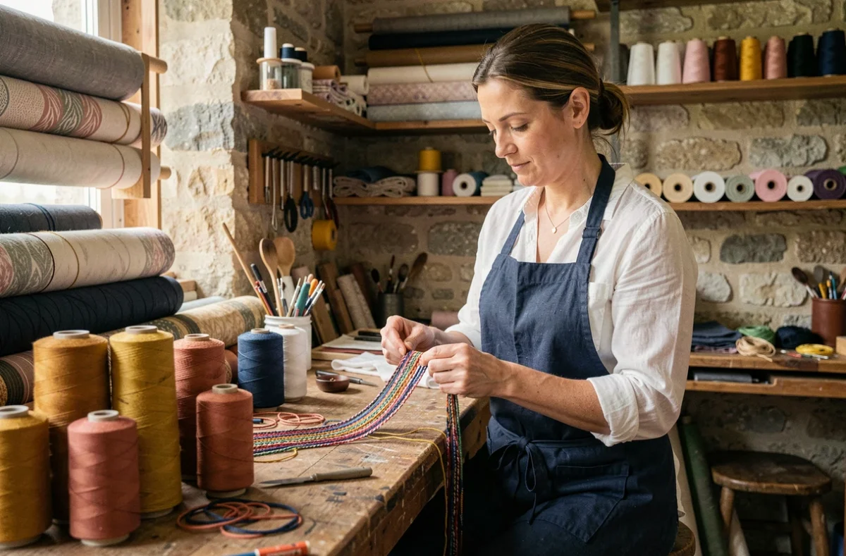 Artisane française fabriquant à la main un cordon téléphone portable personnalisé dans un atelier traditionnel