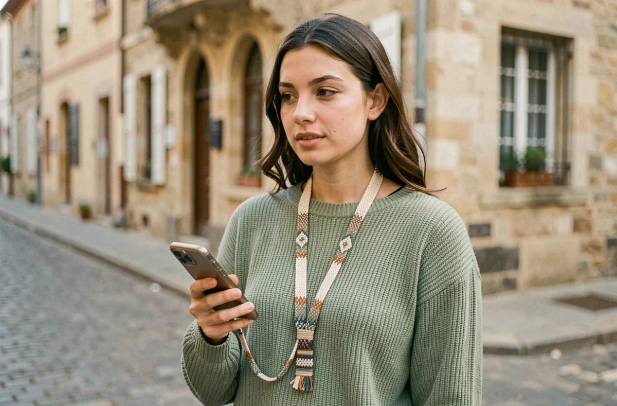 Jeune femme portant un cordon téléphone portable personnalisé made in France autour du cou dans une rue pavée