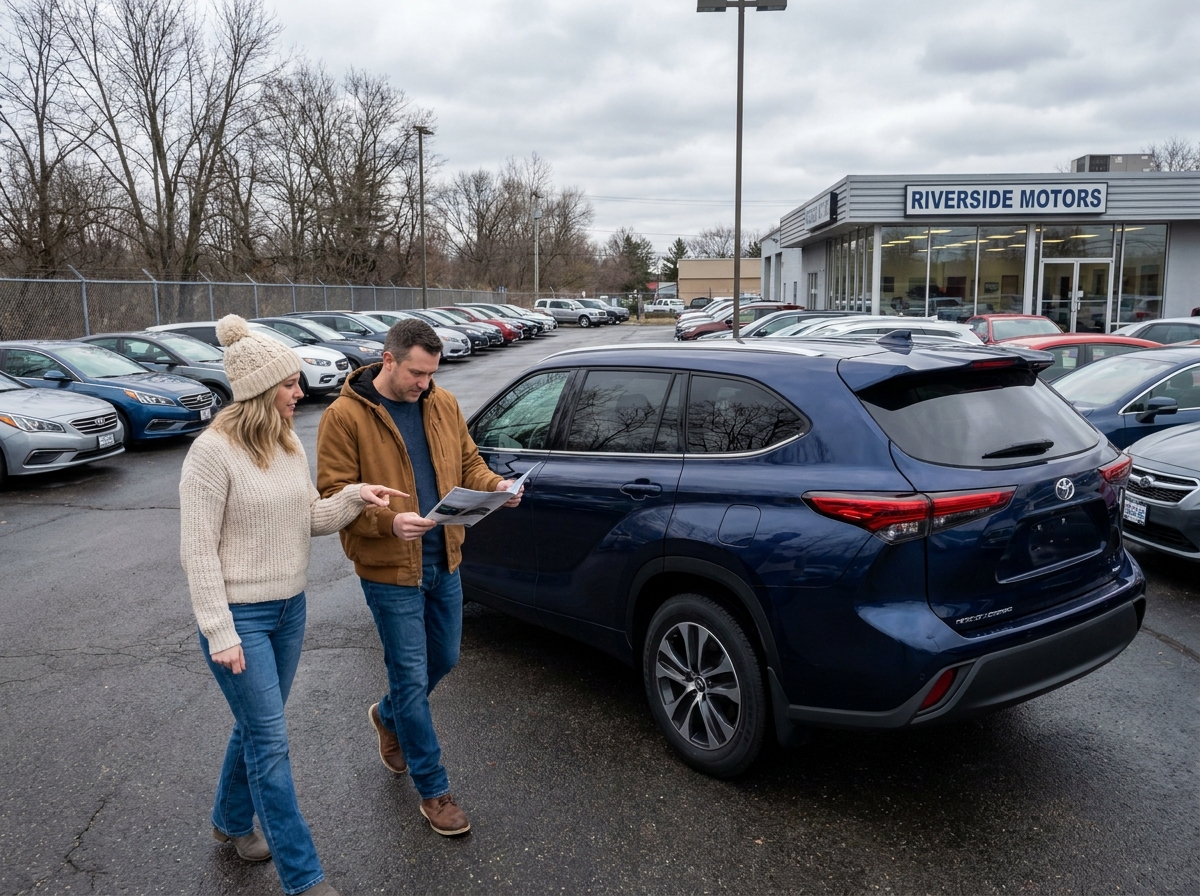 Couple comparant des modèles de SUV dans un parking de concession pour un contrat de location avec option d'achat