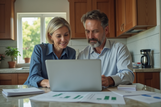 Couple d'adultes examine des graphiques de prêt immobilier
