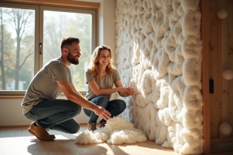 Couple souriant installant une isolation écologique dans leur salon lumineux