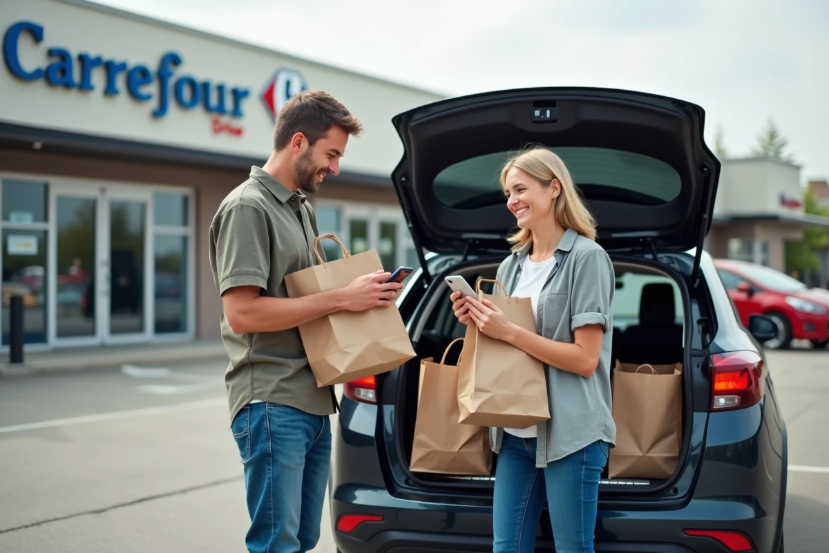 Couple déchargeant leurs courses au Carrefour Drive en vérifiant une notification de cashback sur leur téléphone