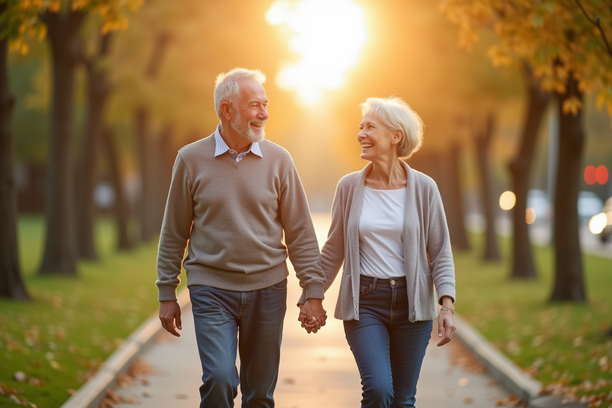 Couple senior marchant main dans la main dans un parc ensoleille