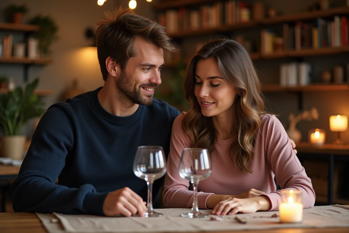 Couple regardant un verre brisé sur une table en bois, moment de surprise partagée lié aux superstitions amoureuses et aux signes du destin