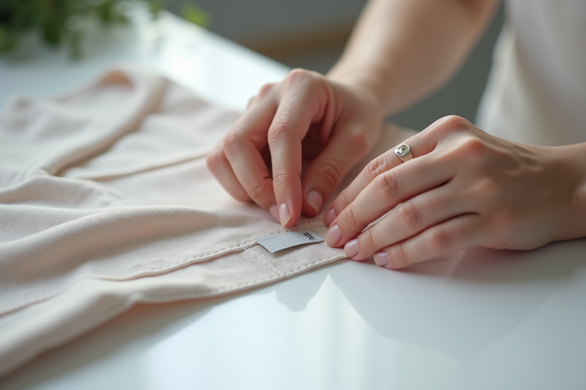 Mains de designer cousant une étiquette textile sur un vêtement