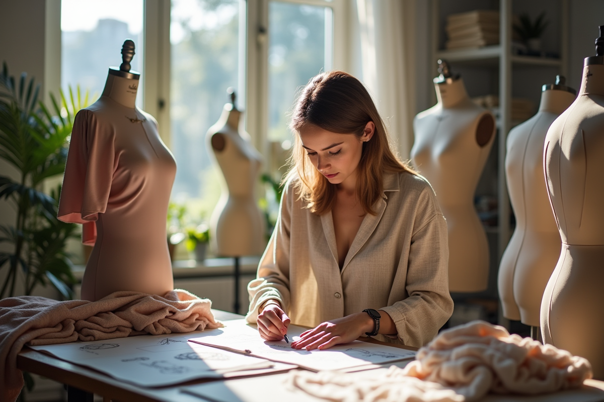 Créateur de mode ajustant un vêtement dans un studio lumineux