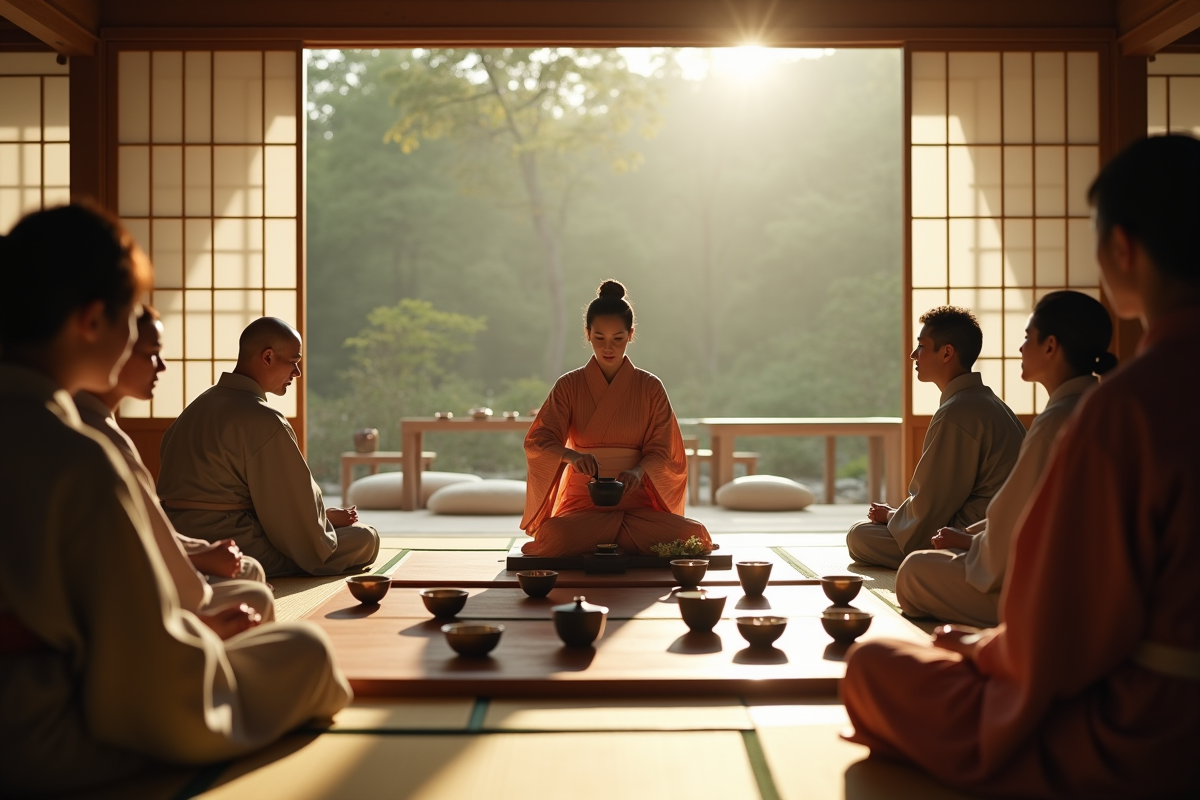 Cérémonie du thé japonaise dans une salle traditionnelle