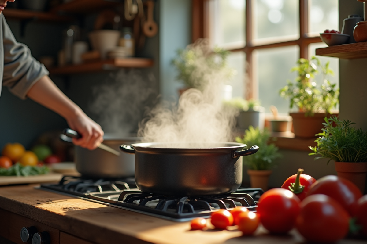 Cuisine rustique avec légumes frais et casserole en action
