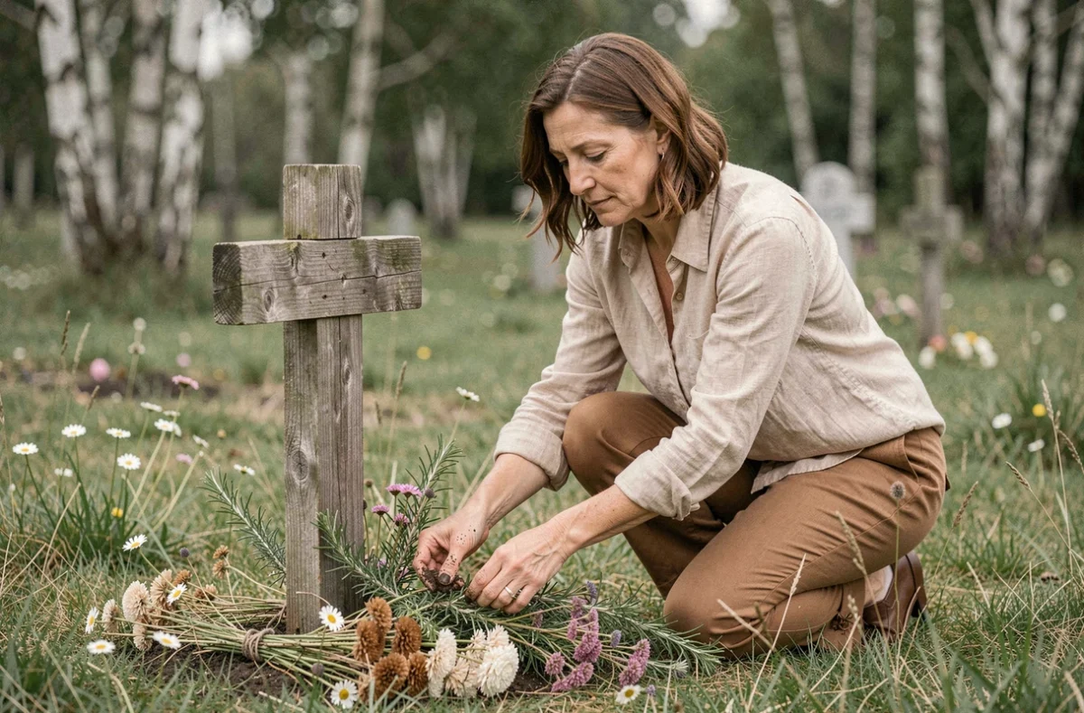 Femme arrangeant des fleurs sauvages séchées autour d'une stèle funéraire en bois recyclé dans un cimetière naturel, geste écoresponsable pour le décor de tombe