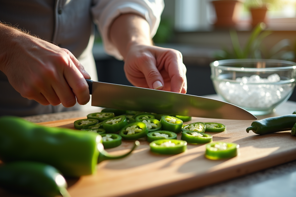 Chef coupant des jalapenos frais sur une planche en bois