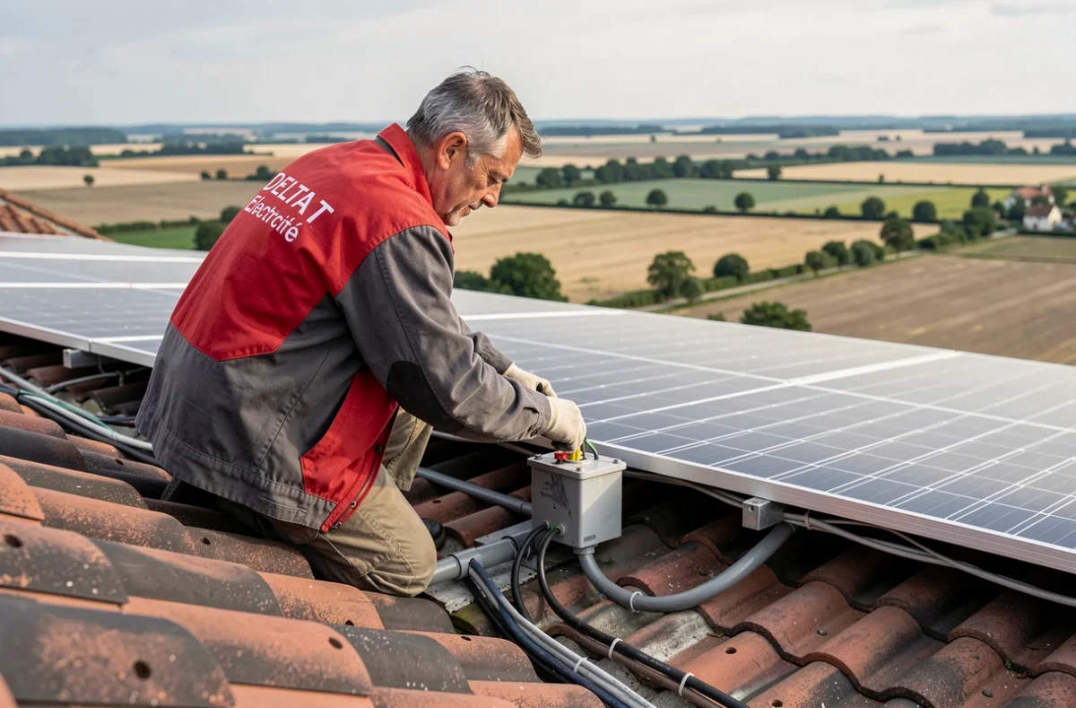 Électricien de Delta T Electricité raccordant des panneaux solaires sur un toit dans le Loiret