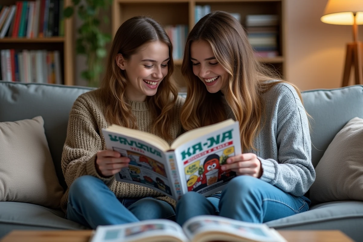 Deux jeunes femmes discutant de scans manga yaoi en version française et version originale dans un salon