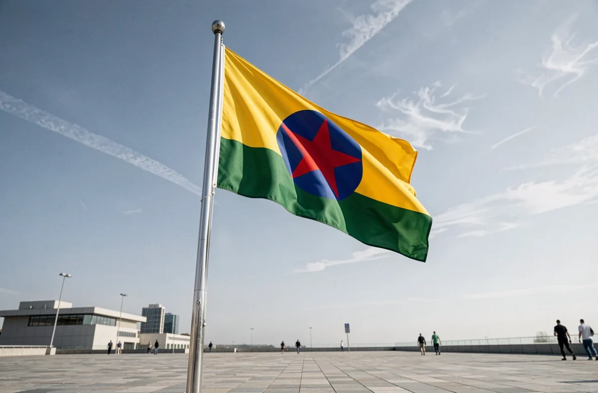 Drapeau jaune vert avec étoile rouge flottant sur mât chromé en extérieur dans une place urbaine sous un ciel dégagé
