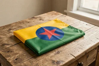 Drapeau jaune vert étoile rouge soigneusement plié sur une table en bois rustique, montrant les détails du tissu polyester