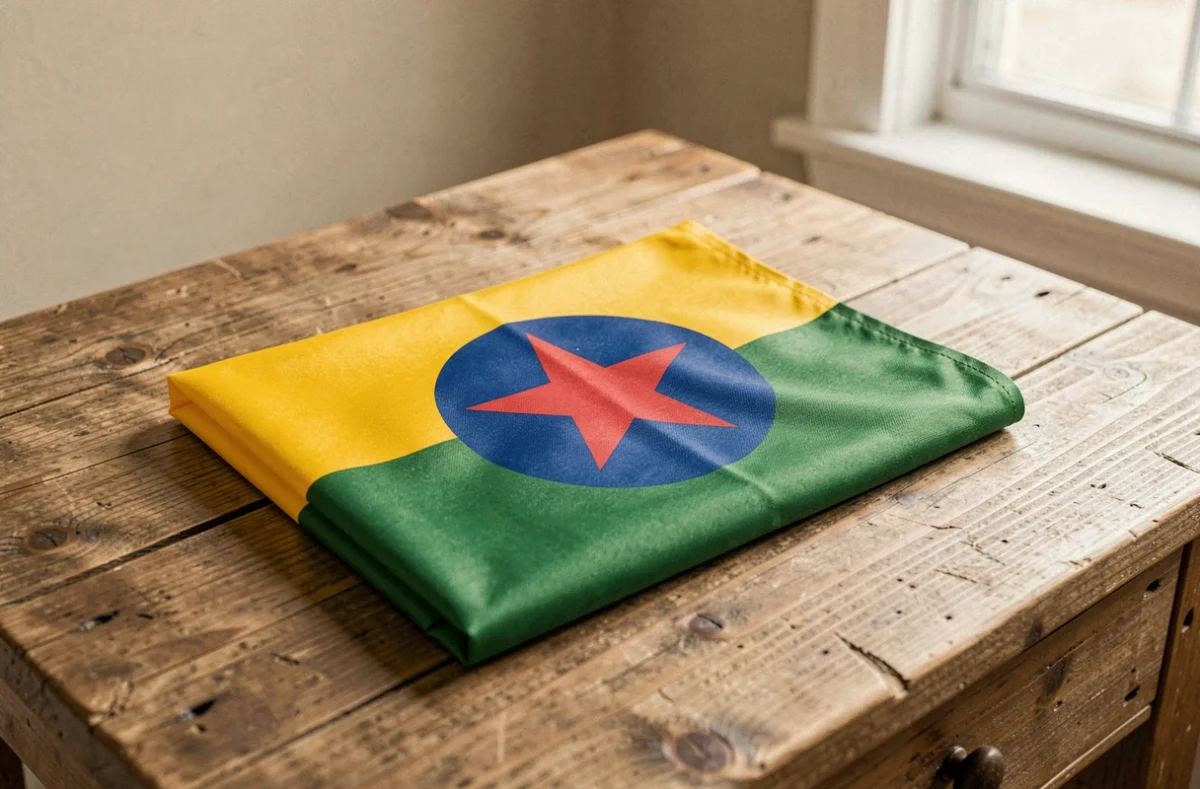 Drapeau jaune vert étoile rouge soigneusement plié sur une table en bois rustique, montrant les détails du tissu polyester