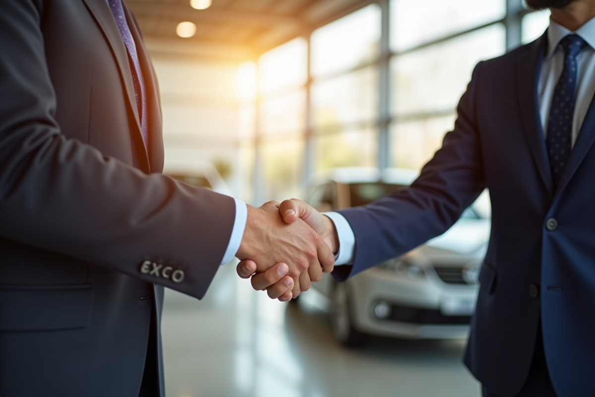Client souriant serrant la main d'un vendeur dans un showroom lumineux