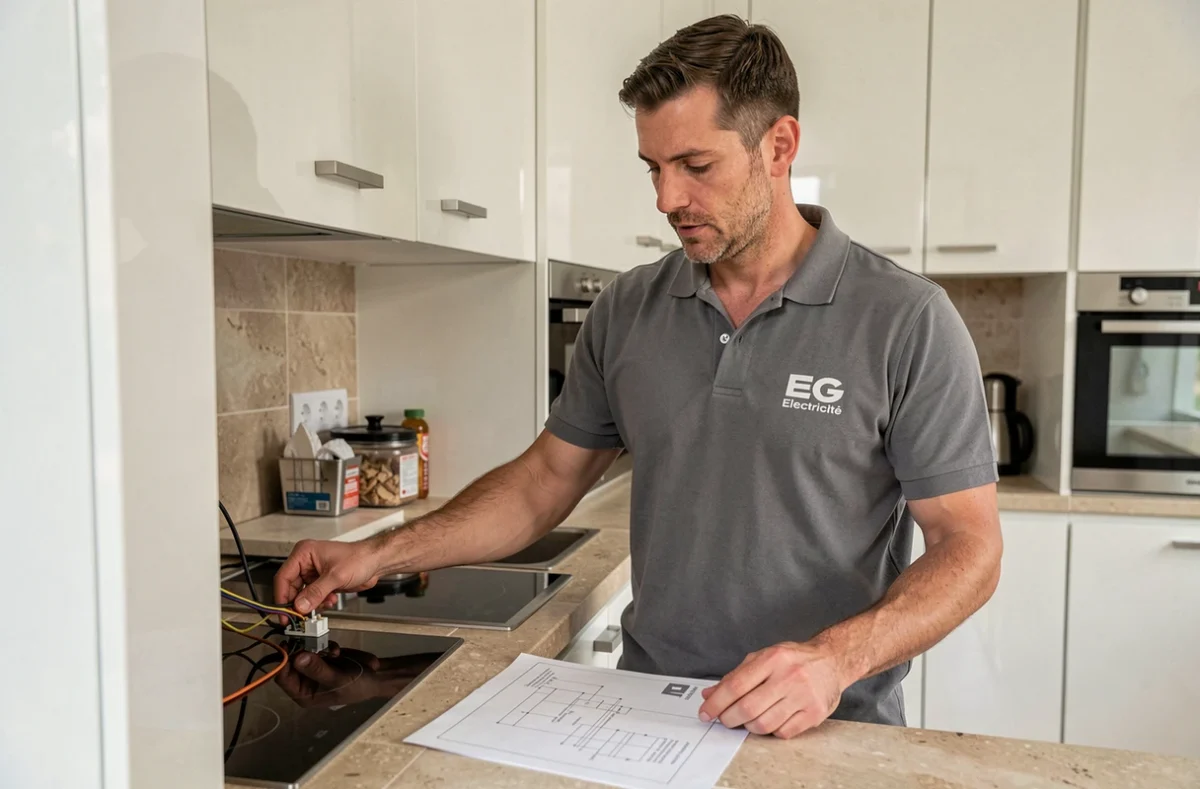 Électricien de EG Electricité installant une connexion électrique pour une plaque de cuisson dans une cuisine moderne