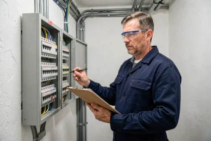 Électricien professionnel inspectant un tableau électrique résidentiel dans le Loiret