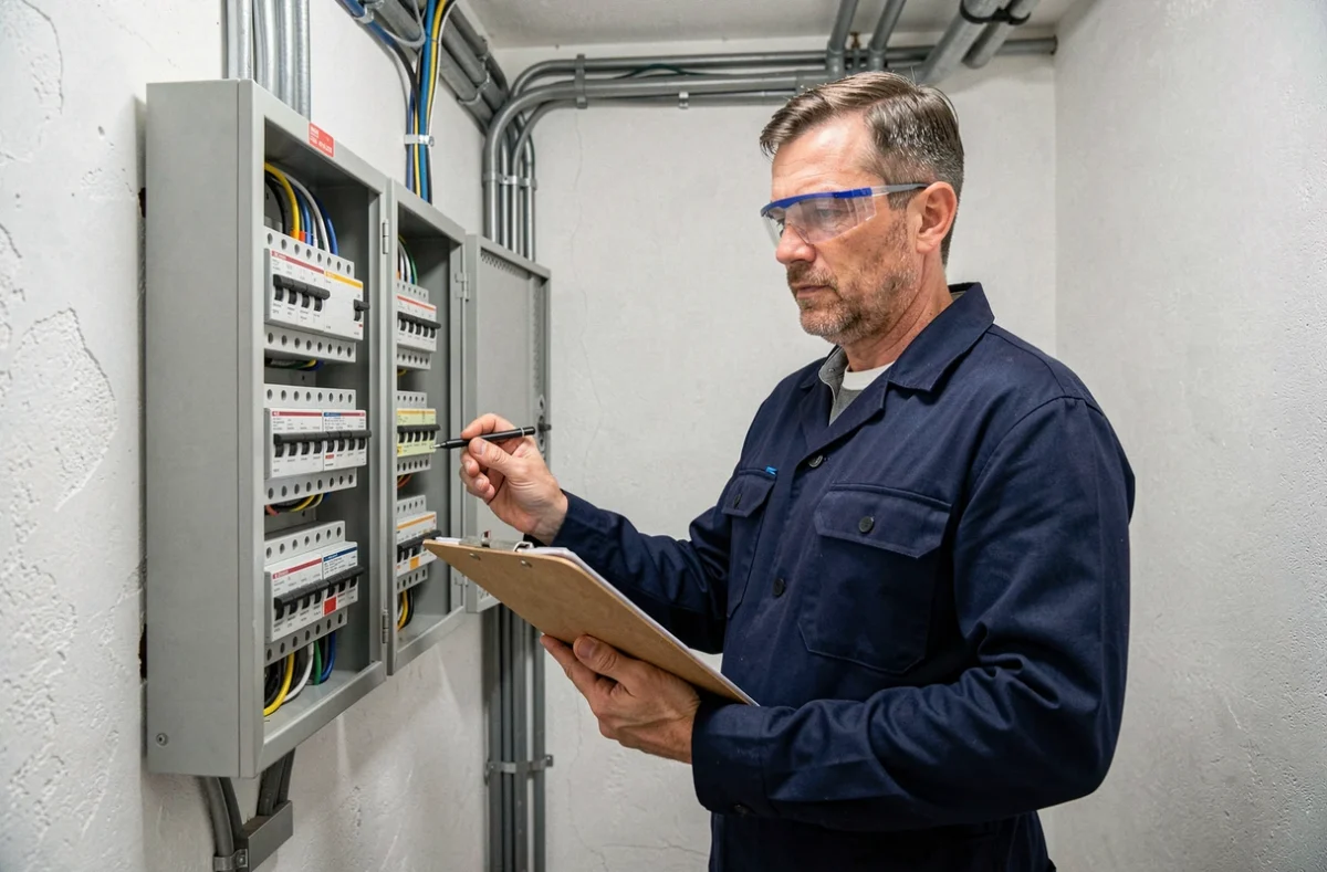 Électricien professionnel inspectant un tableau électrique résidentiel dans le Loiret