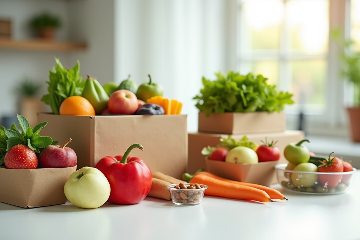 Assortiment d'emballages alimentaires écologiques avec fruits et légumes