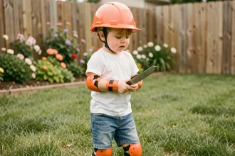 Enfant avec équipement de sécurité tenant un entraîneur de lame en mousse dans un jardin