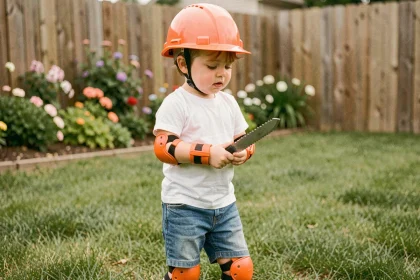 Enfant avec équipement de sécurité tenant un entraîneur de lame en mousse dans un jardin