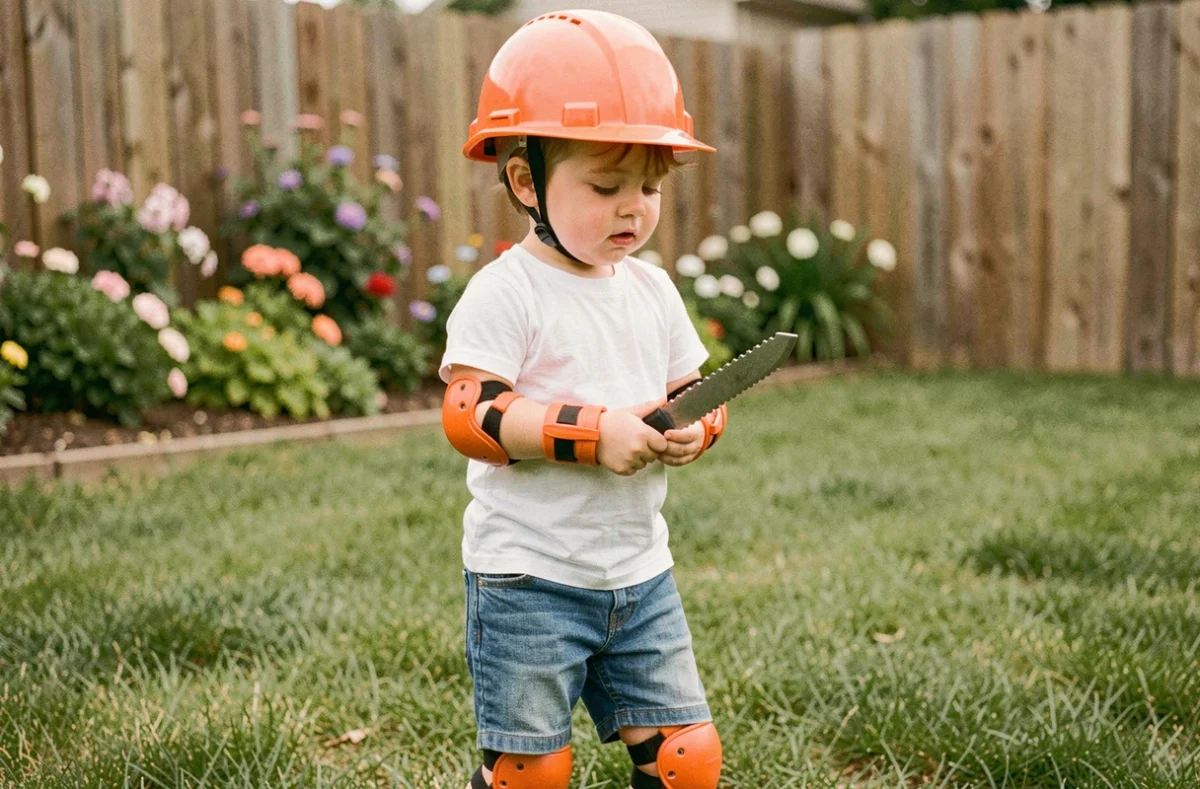 Enfant avec équipement de sécurité tenant un entraîneur de lame en mousse dans un jardin