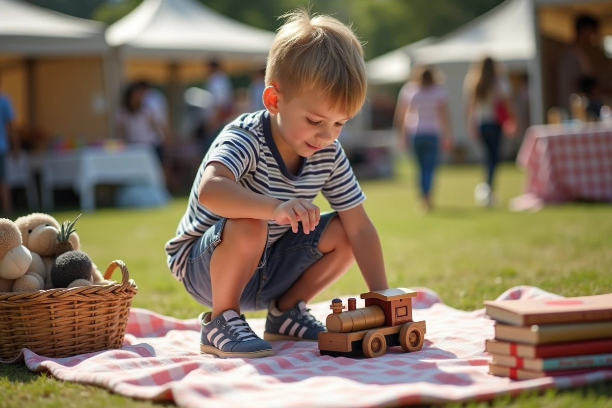 Jeune garçon découvrant un jouet en bois vintage lors d'un vide grenier pour enfants